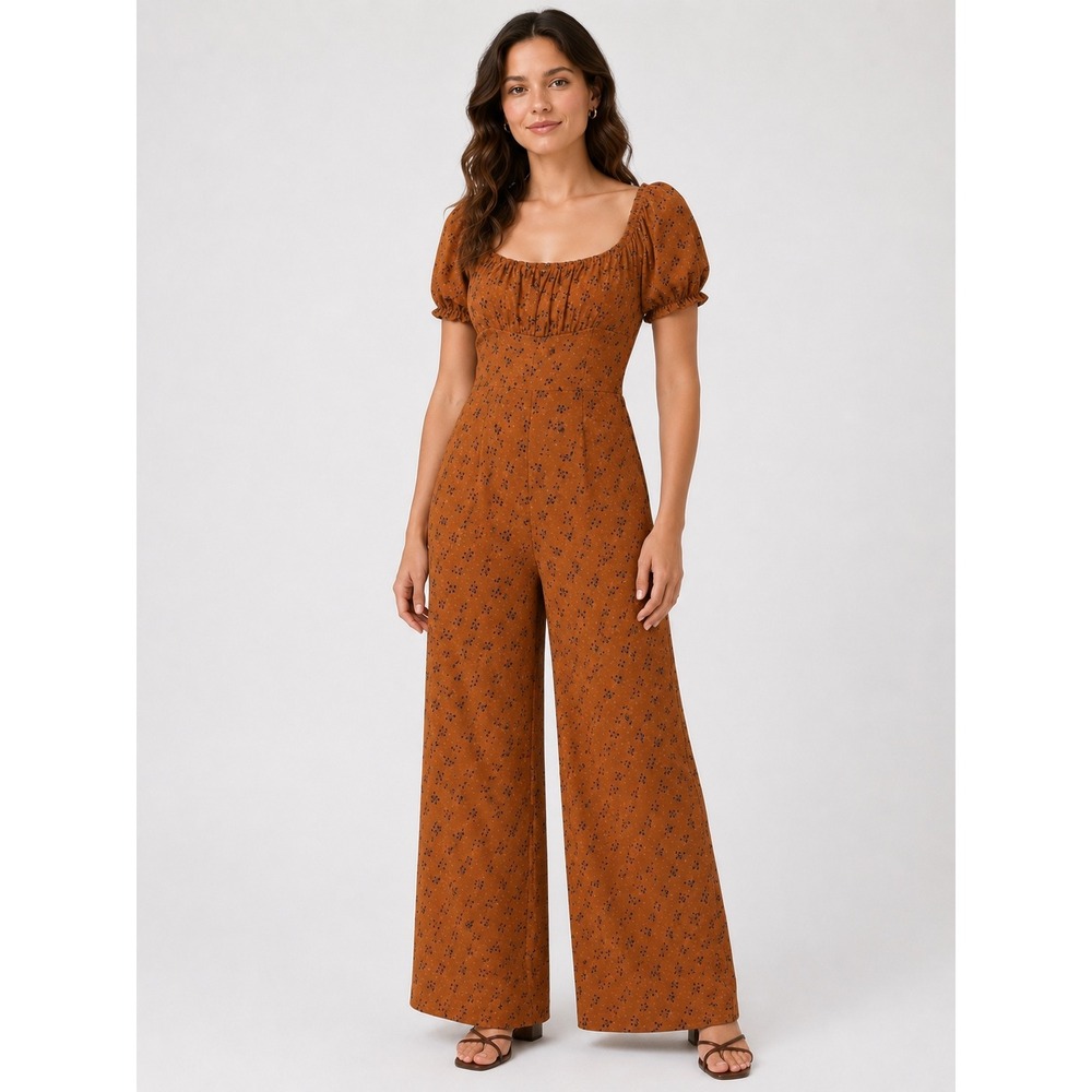 Sadie & Sage Milkmaid Floral Puff Sleeve Wide Leg Jumpsuit Brown M Cottagecore